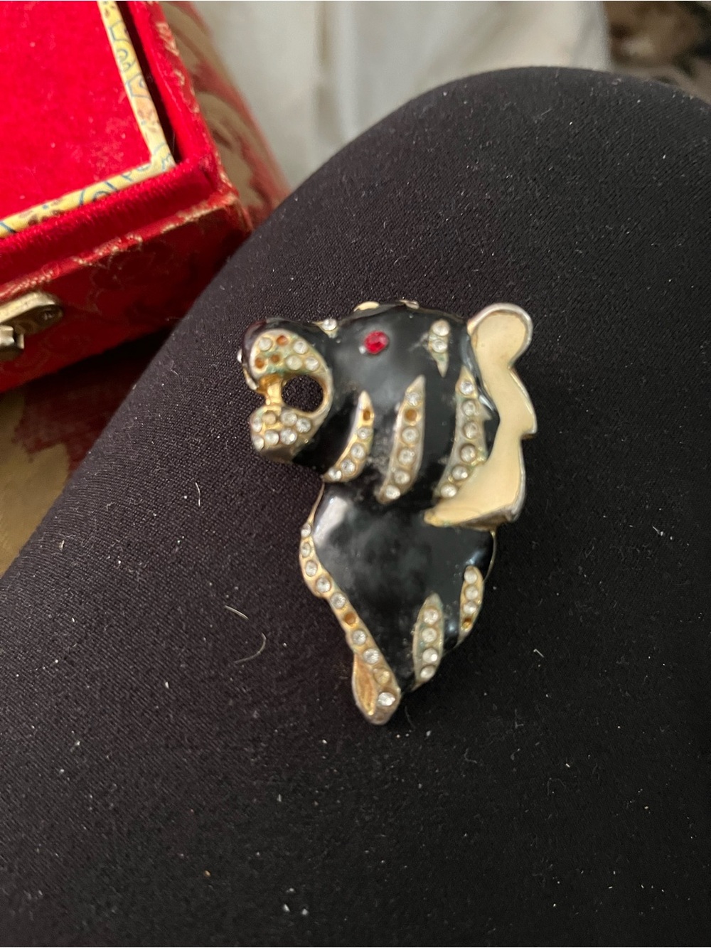 Vintage Black Enamel and Rhinestone Elephant Pin Brooch